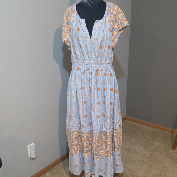 Rachel Zoe Dresses & Skirts - Rachel Zoe Multi Linen Tile Print Light Blue and Orange Pattern Maxi Dress Sz L